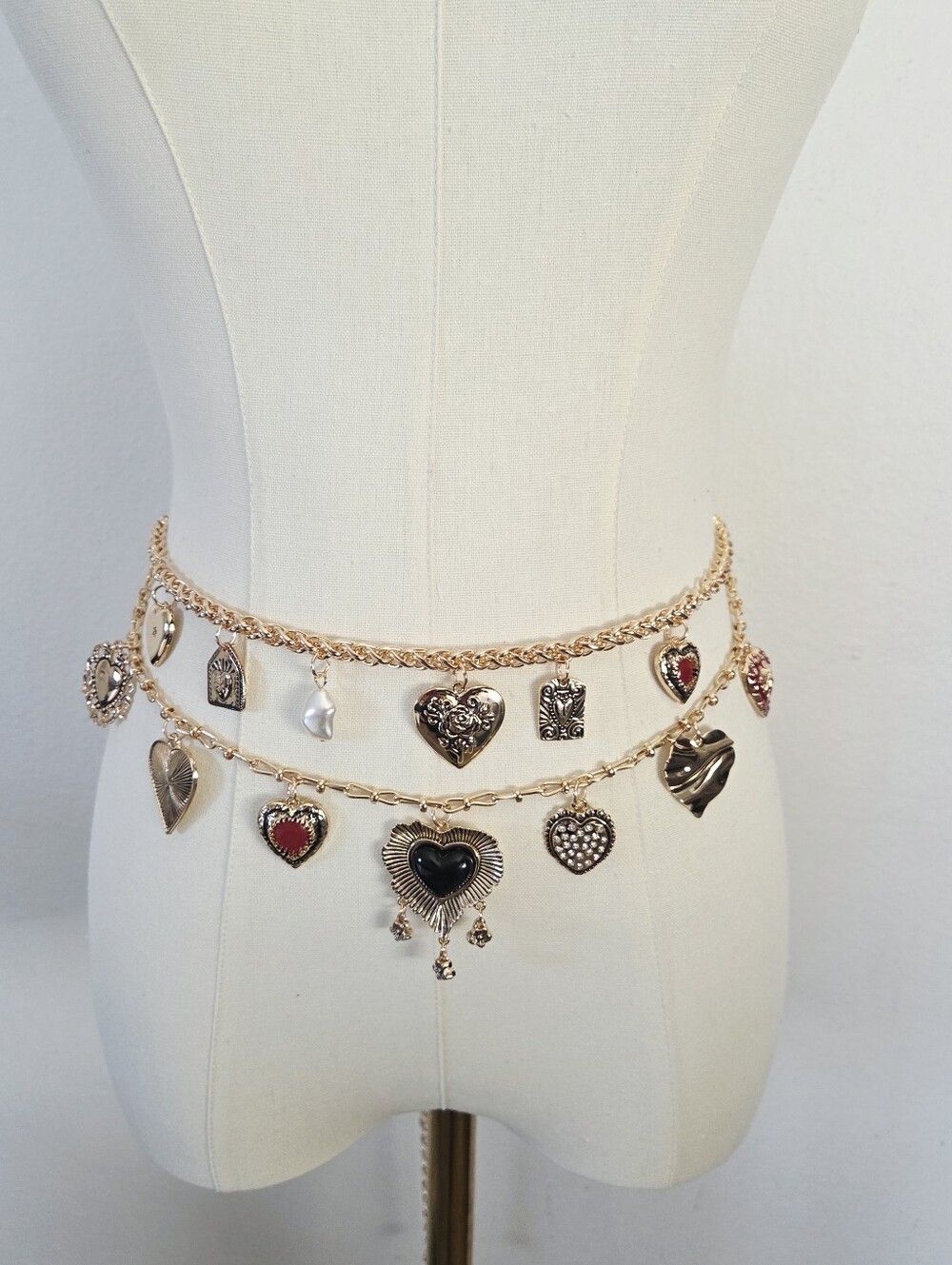 Gold Chain Charm Waist Belt with Heart and Gem Charms - Picture 3 of 8